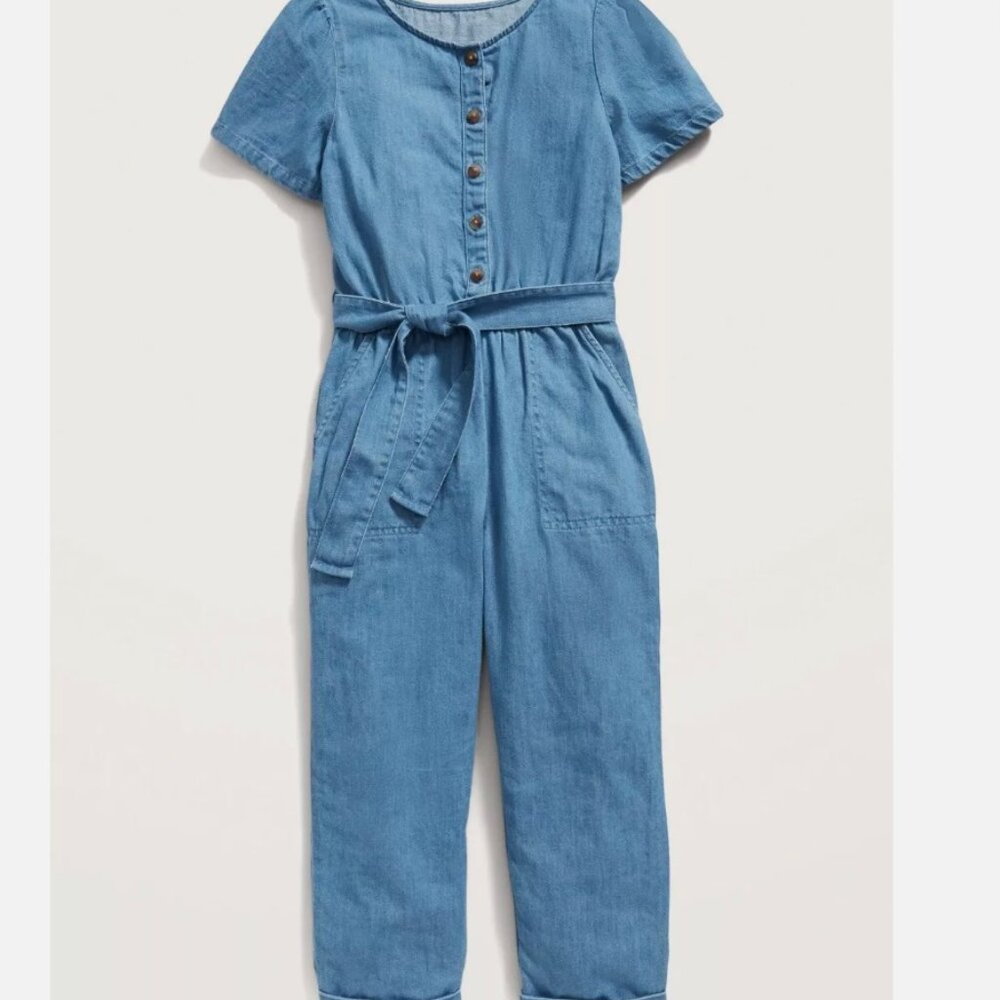 Old Navy Denim Blue Cute Short-Sleeve Utility Jean Jumpsuit for Girls NWT XS